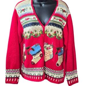 Heirloom Collectibles L Christmas Stocking Cardigan Red Sweater 1 Button Missing